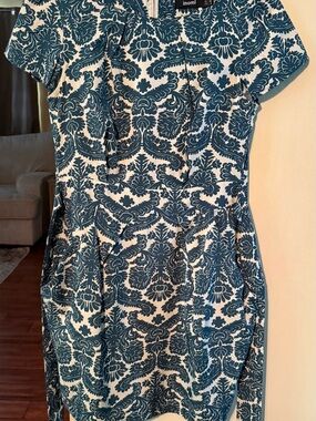 Inomi Teal and Cream Fitted Printed Mini Dress